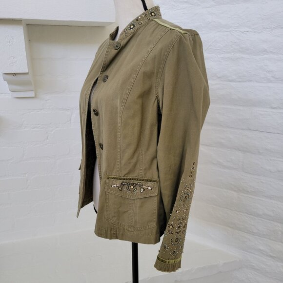 Womens Jacket Blazer Coat Small Army Green Boho Beaded Button Cotton Utility - Picture 3 of 9